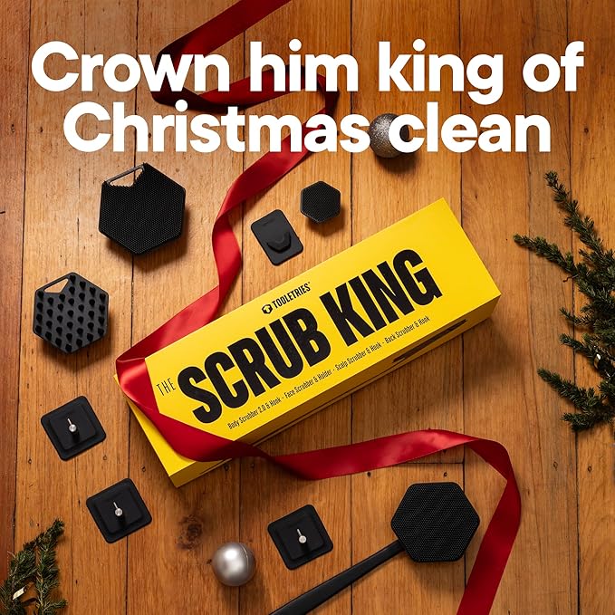 TOOLETRIES The Scrub King - Men's Silicone Body and Face Scrubber Set - Back Scrubber for Shower, Body Scrubbers, Storage Hooks, & Face Brush Holder - Shower Accessories for Men - Charcoal