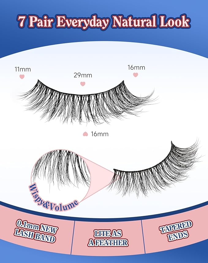 Natural Lashes Wispy False Eyelashes Strip Flared Natural Look Eyelash CatEye Lash Soft Lashes Fluffy Mink Eyelash Pack 7 Pairs 16MM D76