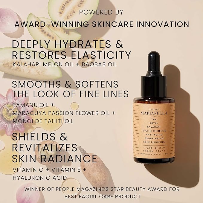 Marianella Anti-Aging Royal Kalahari Face & Eye Serum w/ Pure Hyaluronic Acid, Vitamin C, Vitamin E & Melon Oil, Hydrating & Brightening Facial Care Product for Radiant, Youthful Skin