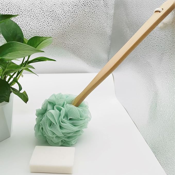 Loofah Sponge Back Scrubber, Wooden Long Handle Bath Sponge Lufa Shower Brush, Soft Nylon Mesh Back Cleaner Washer, Men & Women Exfoliating Luffa Pouf on a Stick for Body (Green)