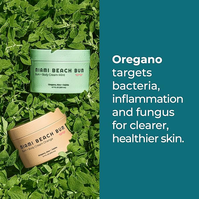 Miami Beach Bum, Bum + Body Butter Cream, Daily Moisturizer w/Oregano Oil for Body Acne, Keratosis Pilaris, Razor Burn, Ingrown Hairs, After Sun Lotion w/Aloe, Jojoba & Tea Tree, Mint, 3.4oz