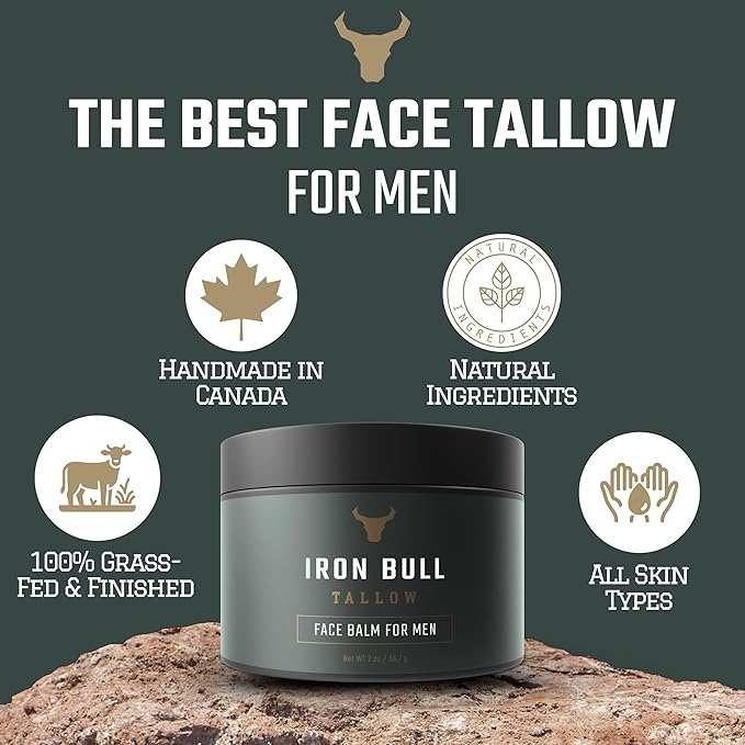 Iron Bull Beef Tallow Face Moisturizer for Men. Anti-Aging With Hyaluronic Acid for Wrinkles. Grass-Fed Beef Tallow Skin Balm & Jojoba Oil for All Skin Types. Natural Formula With a Clean Scent - 2 oz