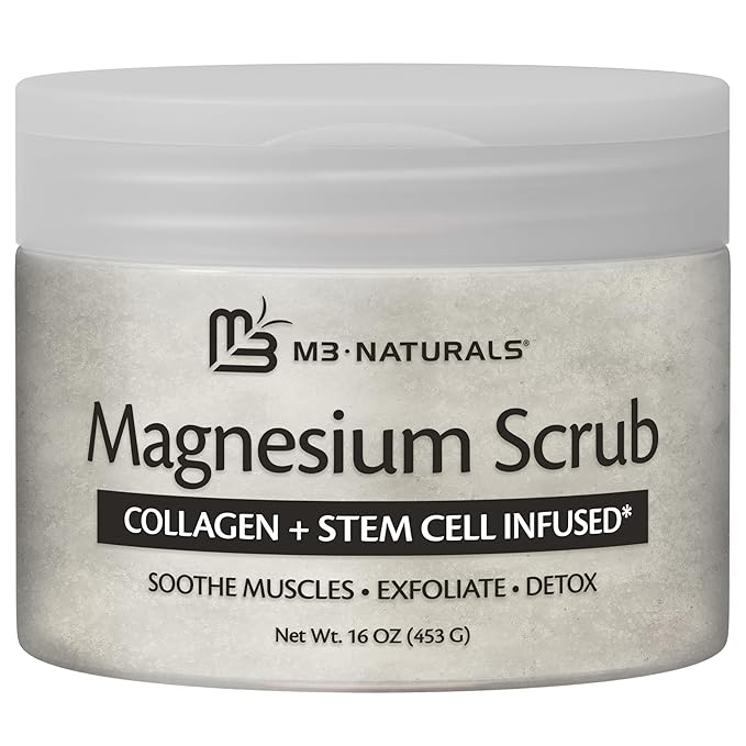 Magnesium Body Scrub for Sore Muscles, Exfoliation & Relaxation | Calming & Moisturizing Mineral-Rich Dead Sea Salt with Collagen, Stem Cell & Shea Butter, for Body, Hands & Feet, 16oz by M3 Naturals