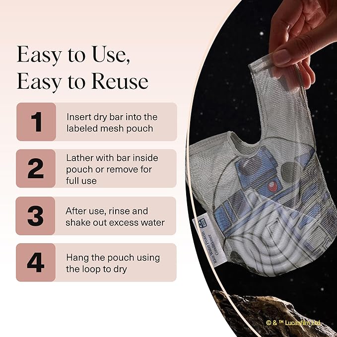 Kitsch x Star Wars R2-D2 Soap Saver Bag – Patented Mesh Bag Soap Holder for Shampoo & Conditioner Bars - Extends Use & Prevents Soggy Mess - Recycled Mesh Beauty Pouch, Eco-Friendly