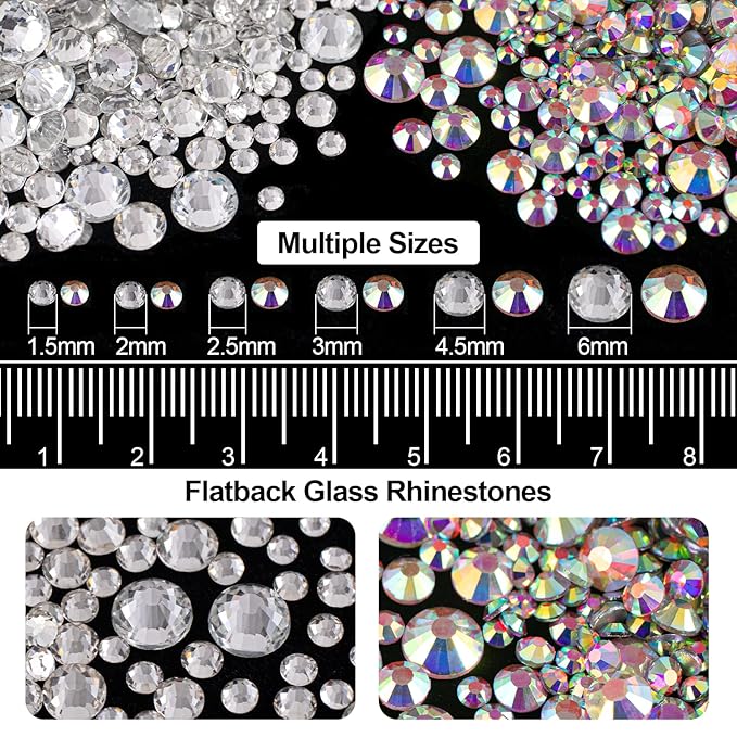 Flat Back Rhinestone Kits Colorful Rhinestones+Crystal AB&Transparent White Face Gems Nail Gem with Quick Dry Makeup Glue+Picker Pencil+Tweezer for Bedazzling Face Makeup and Nail Art