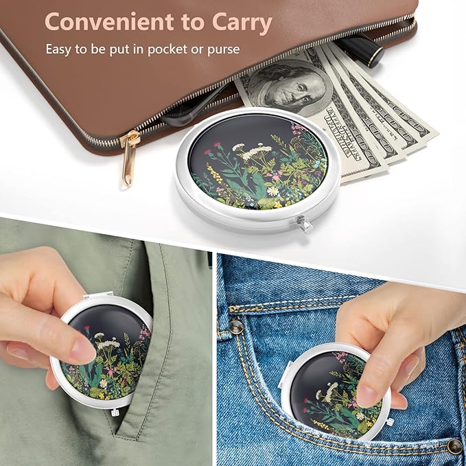 Nipichsha Compact Mirror, Pocket Travel Makeup Mirror, 2 - Sided 2X / 1X Magnification, Small Folding Portable Handheld, 2.75 in Silver, Dandelion