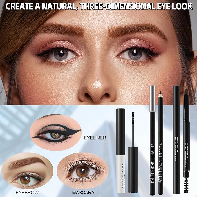 All In On Makeup Eye Set Cosmetics Kit for Teens and Adults, Includes Eyeshadow, Make Up Brushes, Mascara, Eyebrow Pencil, Eyeliner