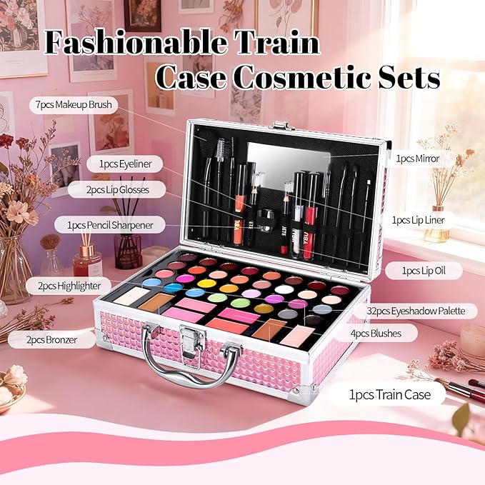 Beginner Makeup Kit for Teen,Makeup Set for Girl Women,Beginner Makeup Kit with Cosmetic Train Case Included 32 Colors Eyeshadow Blush Contour Lip Liner Lip Gloss Eyeliner Brush Set Mirror