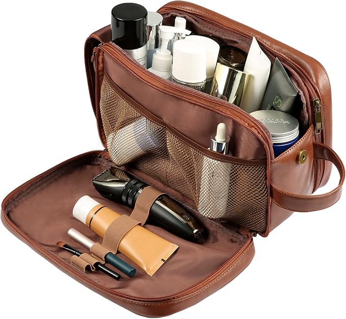 Personalized Leather Travel Toiletry Bag for Men, Large Travel Bathroom Shaving Dopp Kit, Large Cosmetic Bag Waterproof