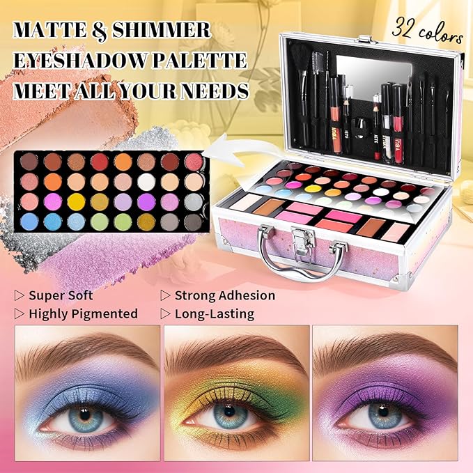 Beginner Makeup Kit for Teen,Makeup Set for Girl Women,Beginner Makeup Kit with Cosmetic Train Case Included 32 Colors Eyeshadow Blush Contour Lip Gloss Lip Liner Eyeliner Brush Set Mirror