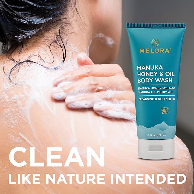 MELORA Manuka Honey Body Wash (7 Oz) - Moisturizing Skin Care Body Soap with Manuka Honey & Oil for Acne, Dry, or Sensitive Skin - Moisturizing Travel Size Shower Gel for Women & Men