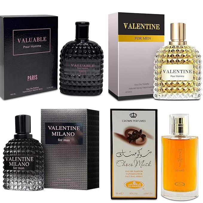 Men's Cologne Gift Set Include Valentine Milano,Valentine,Choco Musk & Valuable Paris - 3.4 Fl Oz Each | Vanilla Bourbon, Leather & Amber Floral Fragrance | Luxury Eau de Toilette Quartet