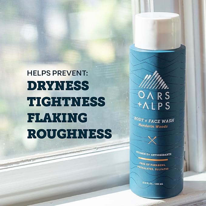 Oars + Alps Mens Moisturizing Body and Face Wash, Skin Care Infused with Vitamin E and Antioxidants, Sulfate Free, Mandarin Woods, 13.5oz, 2 Pack