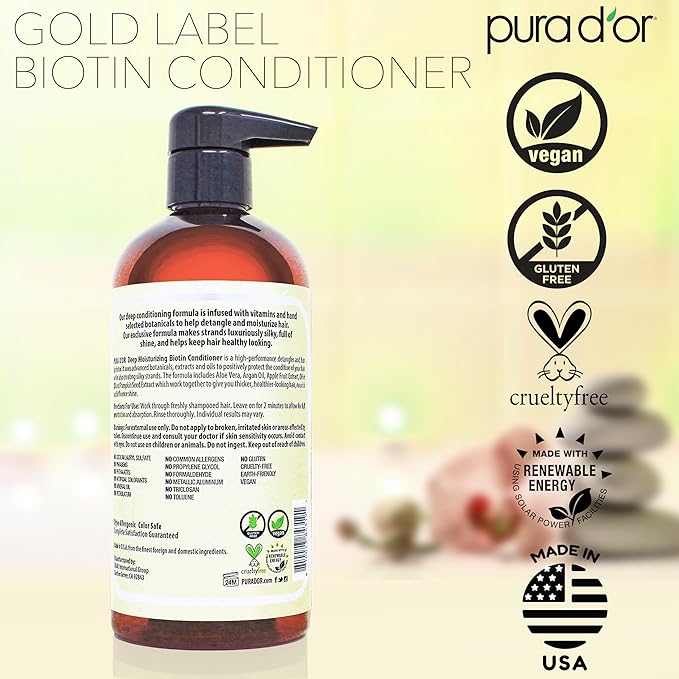 PURA D'OR Deep Moisturizing Biotin Conditioner Thickens, Softens, & Moisturizes Dry, Frizzy, Damaged Hair w/Argan Oil, Pumpkin, Rosemary, Honeysuckle, Vitamin E, Men & Women, 16oz