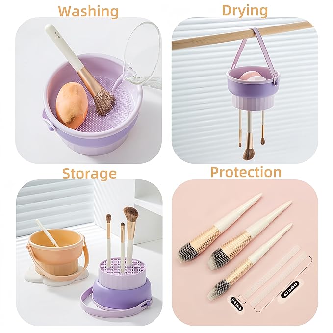 3 in 1 Silicone Makeup Brush Cleaner Bowl, Make up Brush Cleaner Mat with Makeup Brush Drying Holder and Comestic Brush Organizer, Paint Brush Cleaner