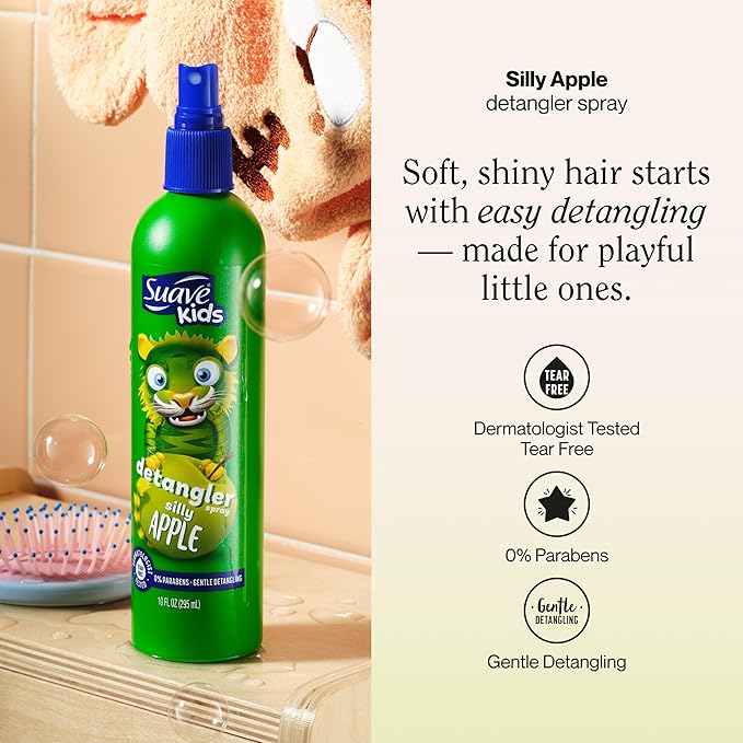 Suave Kids Silly Apple Detangler Spray, Tear-Free Leave In Conditioner for Kids, Smooths & Tames Knots for Soft, Shiny Hair, 6 Count, 10 fl oz