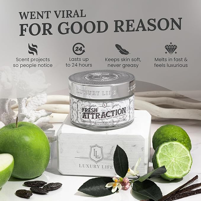 LUXURY LIFE BUTTER - Irresistibly Scented Body Butter with Hyaluronic Acid for Ultimate Moisture. Luxurious Natural Fragrance. Hydrates for a Non-Greasy Glamorous Glow, Fresh Attraction, 5 oz.
