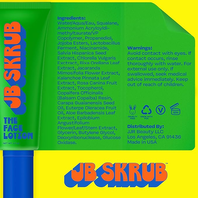 JB SKRUB The Face Lotion - Hydrating Skin Care for Kids and Teens, Acne Face Moisturizer, Fast-Absorbing & Oil-Control, Blue Light Protection, Vegan & Cruelty-Free, 1.7 oz