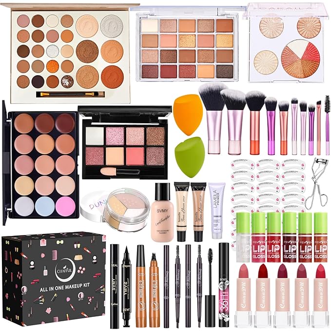 All in One Makeup Kit for Women Full Kit, Make Up Gift Set, Makeup Essential Bundle Includes Foundation Eyeshadow Palette Concealer Lipstick Eyeliner Eyebrow Stencils Mascara Cosmetic Brush Set