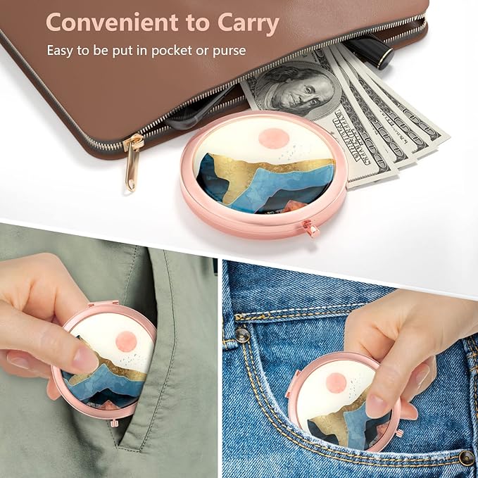 Nipichsha Compact Mirror, Pocket Travel Makeup Mirror, 2 - Sided 2X / 1X Magnification, Small Folding Portable Handheld, 2.75 in Rose Gold, Watercolor Sunrise