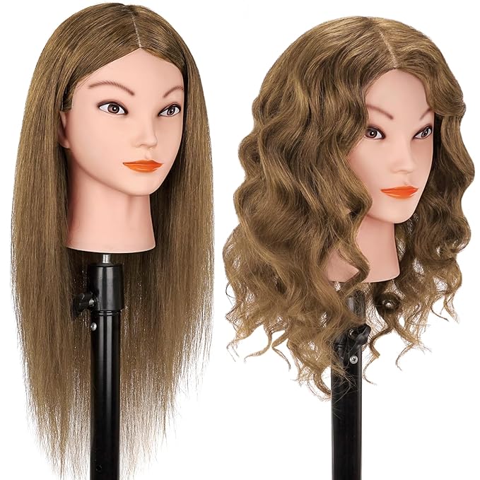 Mannequin Head with 100% Real Human Hair, Beauty Star 18" Gold Brown Hair Art Manikin Cosmetology Head, Doll Manican Head to Practice Hair Styles, Hairdressing Training Head and Stlyist Suppliew