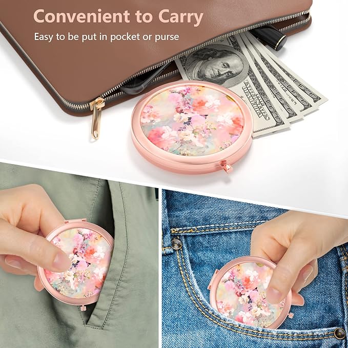Nipichsha Compact Mirror, Pocket Travel Makeup Mirror, 2 - Sided 2X / 1X Magnification, Small Folding Portable Handheld, 2.75 in Rose Gold, Watercolor Flowers