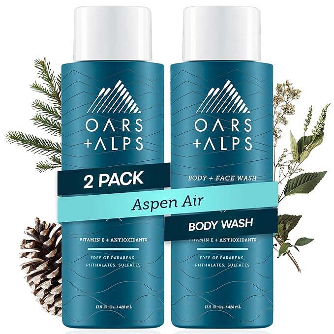 Oars + Alps Body and Face Wash for Men, Mens Body Wash & Face Cleanser with Vitamin E and Antioxidants, Moisturizing, Hydrating, Paraben & Sulfate Free Cleanser, Aspen Air, 2pk