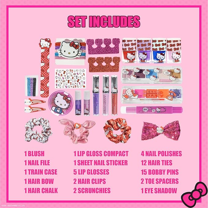 Hello Kitty Train Case Cosmetic Makeup Set Includes Lip Gloss, Eye Shimmer, Nail Polish, Hair Accessories & More! For Girls, Ages 6+ Perfect for Parties & Makeovers by Townley Girl