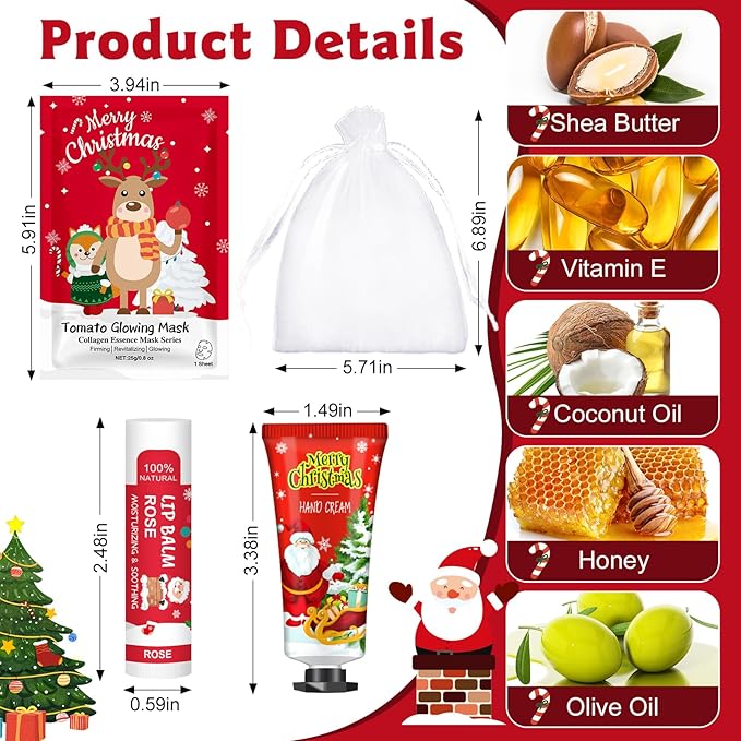 60 Pack Christmas Hand Cream, Facial Mask and Lip Balm Set, Stocking Stuffers for Women, Bulk Christmas Gifts for Coworkers, Party Supplies, Spa Party Favors and Decorations