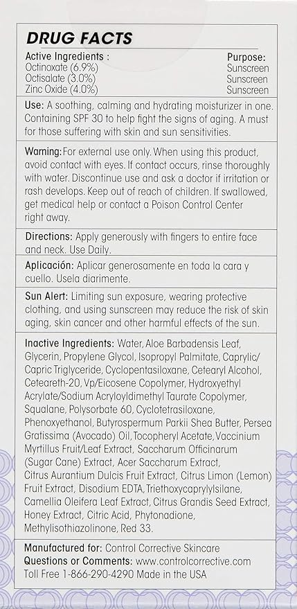 CONTROL CORRECTIVE Botanical Soothing Cream Spf 30, 2.5 Oz - Sunscreen, Moisturizers, Sensitive Skin, Calms The Skin & Protects, Wheat Germ Oil, Vitamin E, Humectants, Restores Skin Balance, Rosacea
