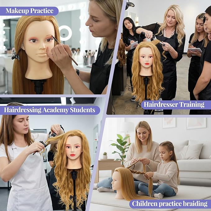 Mannequin Head with 90% Real Human Hair - 28 Inch Makeup Cosmetology Manikin Doll Head for Hair Styling, Training Practice Braiding Mannequin Head with False Eyelashes Hair Styling Set