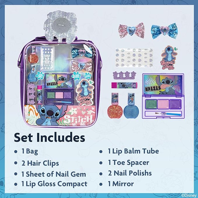 Disney Lilo and Stitch Makeup Filled Shoulder Bag Includes Lip Gloss, Nail Polish, Hair Bow & More! for Girls, Ideal for Ages 3 and Up Perfect for Parties & Makeovers by Townley Girl