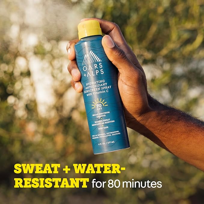 Oars + Alps Sunscreen Spray for Face & Body Spray Sunscreen Infused with Vitamin C & Antioxidants, No White Residue, Water & Sweat Resistant, All Skin Types, Lightweight, Hydrating, SPF 70, 6 Oz, 1pk