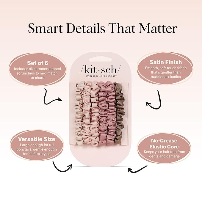 Kitsch Satin Scrunchies for Women - No Crease Hair Ties for Girls | Scrunchies For All Hair Types and Textures, Perfect for Day or Night | Ideal Gifts for Women - 6 Pcs, Terracotta