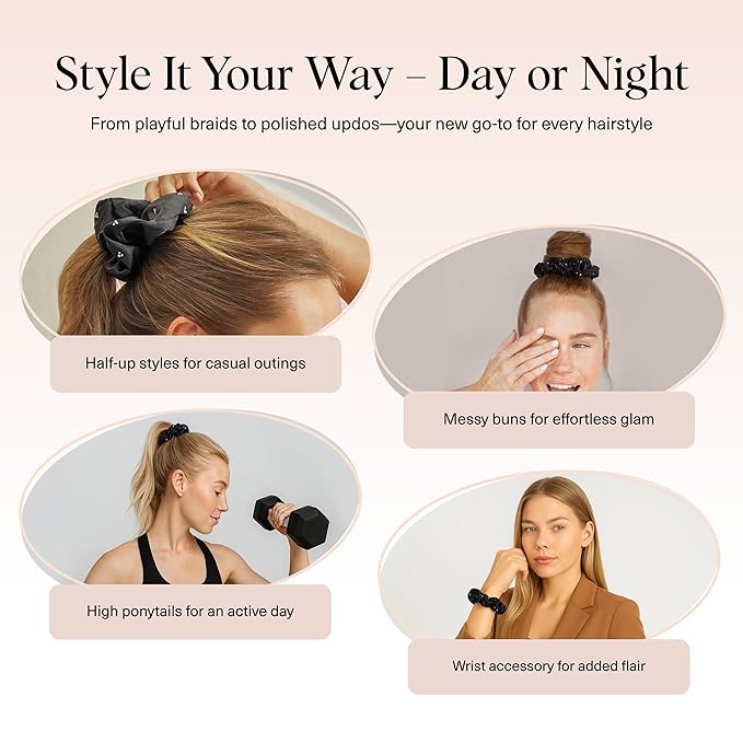 Kitsch & Mickey/Minnie Fabric Rhinestone Scrunchies for Women, Hair Scrunchies for All Hair Types, Recycled Polyester, Perfect for Updo or Half Up Ponytail | Ideal Gifts for Women (Black) - 1 Piece