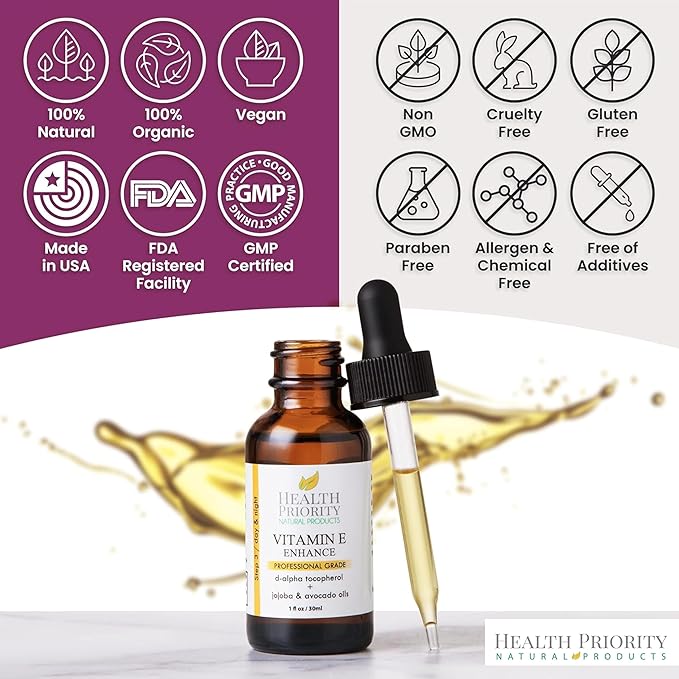 Health Priority Naturals|Organic Vitamin E Oil for Skin/Scars - 30,000 IU, 1 Fl Oz - Handmade in South Carolina, Non-GMO, Gluten/Cruelty Free, Vegan - Lavender Scented