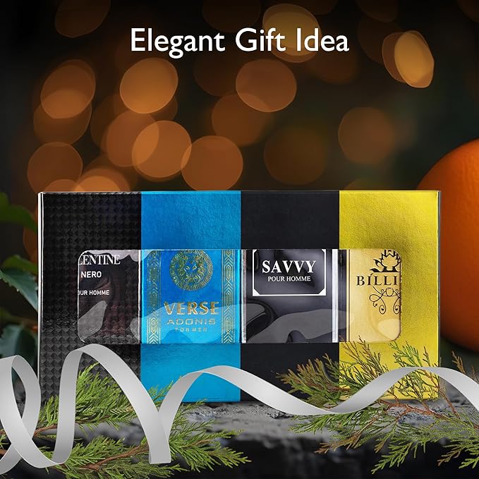 Signature Scent 4-Piece Mini Fragrance Set for Men Includes Savvy/1 Billion/Verse/Valentine Collection of Woody, Spicy, Citrus & Aromatic Fragrance Non-Irritating Ingredient Each One in 30ml Bottle