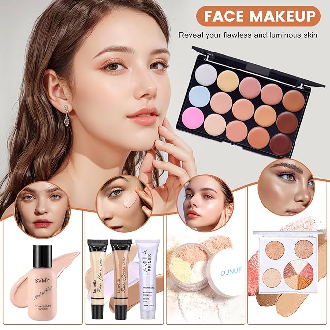 All in One Makeup Kit for Women Full Kit, Make Up Gift Set, Makeup Essential Bundle Includes Foundation Eyeshadow Palette Concealer Lipstick Eyeliner Eyebrow Stencils Mascara Cosmetic Brush Set