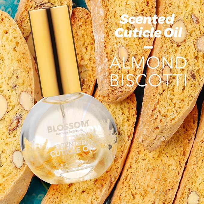 Blossom Cuticle Oil for Nails, Hydrating, Moisturizing, Gourmand Scented Nail Oil Cuticle Care, Infused with Real Flowers, Made in USA, 0.5 fl. oz, Almond Biscotti