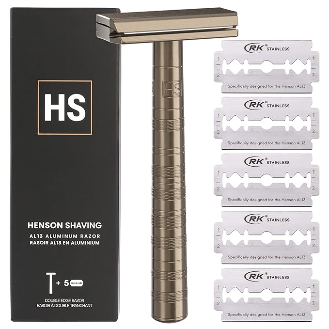 Henson Shaving Razor - Tan Double Edge Safety Razor with 5 Spare Blades - 30° Angled Precision With Superior Blade Rigidity- Reusable Single Blade Razors For Men and Women - Mild Aggression