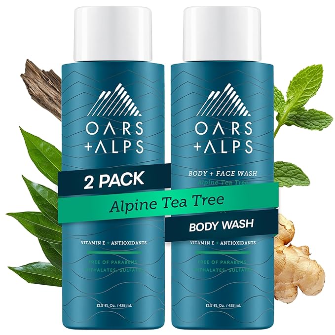 Oars + Alps Body and Face Wash for Men, Mens Body Wash & Face Cleanser with Vitamin E and Antioxidants, Moisturizing, Hydrating, Paraben & Sulfate Free Cleanser, Alpine Tea Tree, 2pk