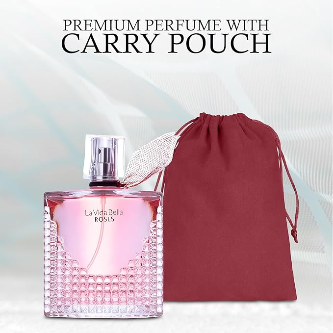 La Vida Bella Roses Eau de Parfum Spray Perfume, Fragrance For Women-Daywear, Casual Daily Cologne Set with Suede Pouch- 3.4 Fl Oz Bottle Beauty Gift for Birthday, Anniversary