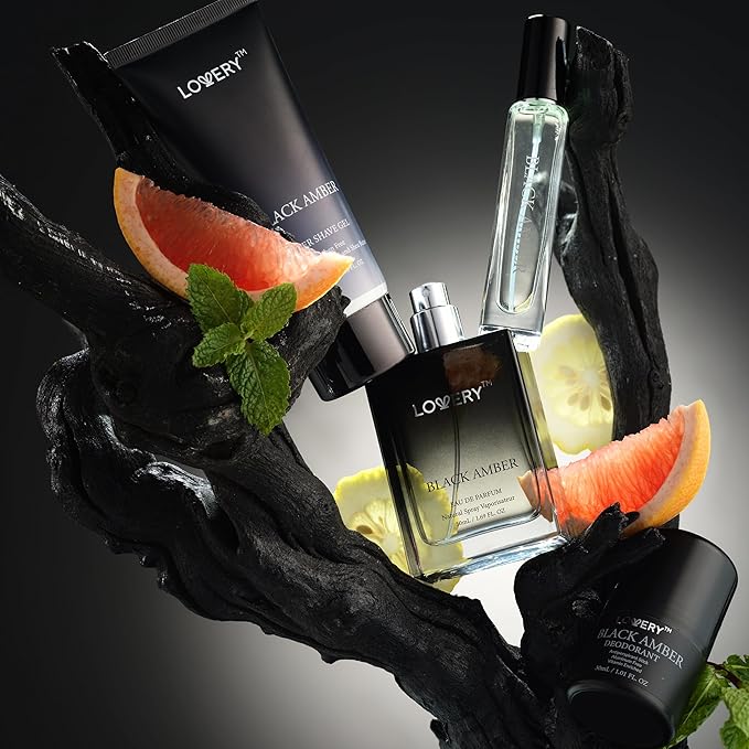 LOVERY Dads Gifts - Black Amber Mens Perfume 4 in 1 Deodorant & Cologne Gift Set - 4pc Mens Cologne Set - Parfum, Antiperspirant Deodorant Stick, Aftershave Gel, Masculine Birthday Perfumes for Men