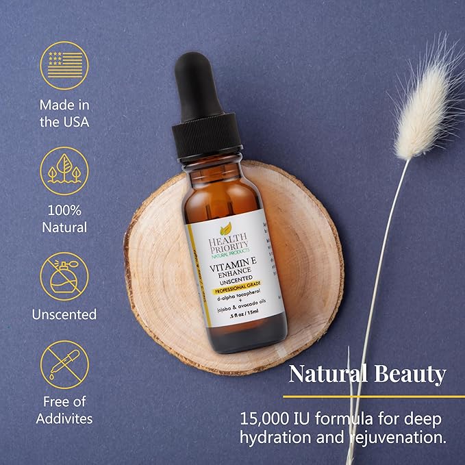 Health Priority Naturals Organic Vitamin E Oil for Skin - 0.5 Fl oz Vitamin E Serum with Jojoba and Avocado Oil - 15000 IU Unscented, Handcrafted for Face and Hair, Non-GMO and No Gluten