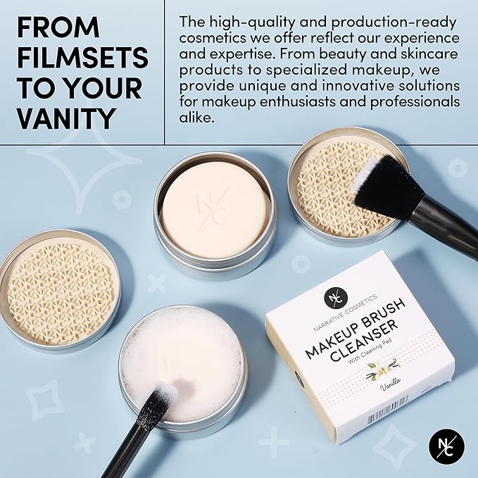 Narrative Cosmetics Solid Makeup Brush Cleanser Soap with Silicone Cleaning Pad, Cleans Natural & Synthetic Brushes, Vegan, Cruelty-Free, Natural Ingredients, Vanilla Fragrance, 2.45 Oz.