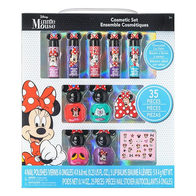 Disney Minnie Mouse Sparkly Cosmetic Makeup Set for Girls with Lip Balm Nail Polish Nail Stickers-35 Pcs|Perfect for Parties Sleepovers Makeovers|Birthday Gift for Girls by Townley Girl