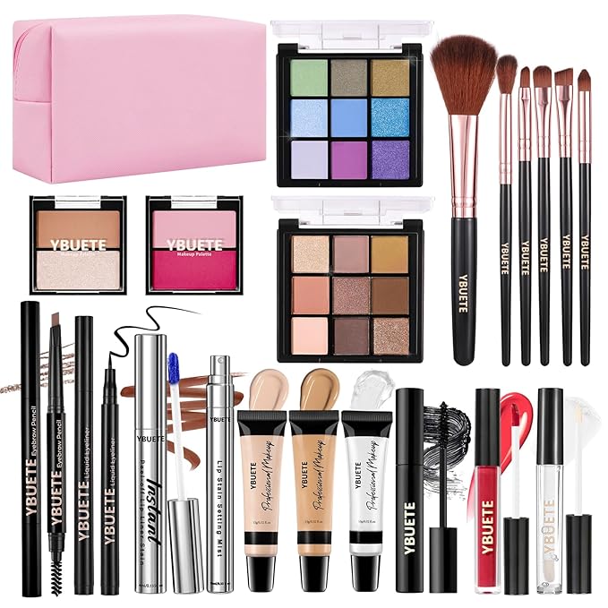 Makeup Full Kit for Beginners Girls Women, Travel Makeup Set Present for Her,Cosmetic Set Include Eyeshadow Blush Lip Gloss Peel Off Lip Stain Eyeliner Mascara Eyebrow Pencil Cosmetic Bag