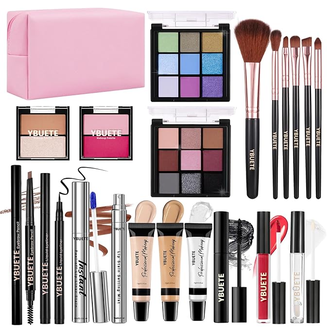 Makeup Full Kit for Beginners Girls Women, Travel Makeup Set Present for Her,Cosmetic Set Include Eyeshadow Blush Lip Gloss Peel Off Lip Stain Eyeliner Mascara Eyebrow Pencil Cosmetic Bag