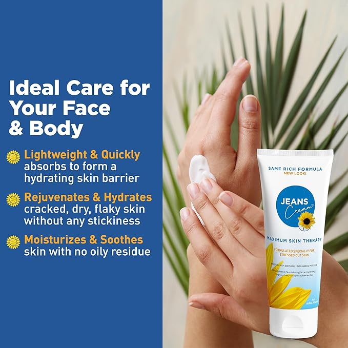 Jeans Cream, Maximum Skin Therapy Radiation Burn Cream, Moisturizing Vitamin E and Aloe Vera Cream for Compromised Skin, Minor Cuts, Sunburn and More, Non-Greasy Formula, 7 oz
