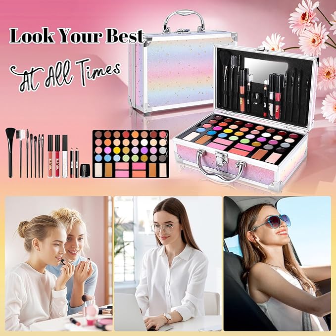 Beginner Makeup Kit for Teen,Makeup Set for Girl Women,Beginner Makeup Kit with Cosmetic Train Case Included 32 Colors Eyeshadow Blush Contour Lip Gloss Lip Liner Eyeliner Brush Set Mirror